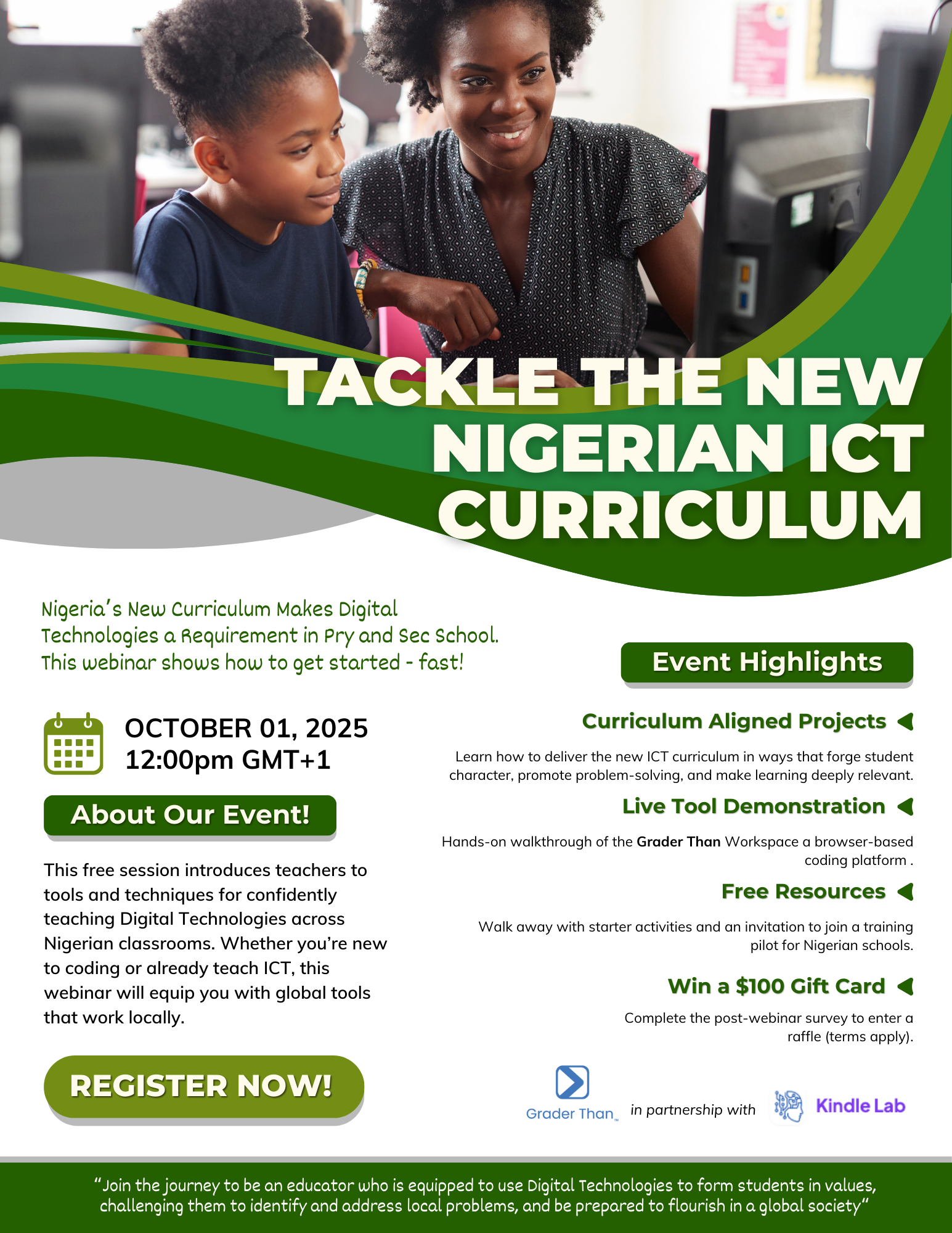Tackle the New Nigerian ICT Curriculum - Event flyer showing educator and student working together on digital technologies
